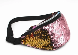 Detail of mermaid flip sequins on waist bag showing pink and gold gradient texture