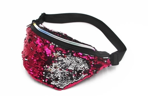 Detail of reversible pink and silver mermaid sequins on a crossbody waist bag