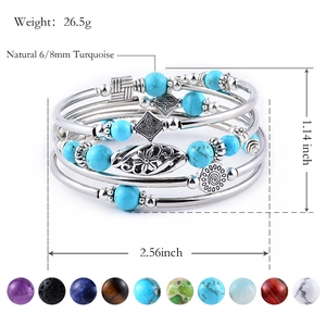 Multilayer natural stone beaded bracelet featuring turquoise and tiger eye with size specs