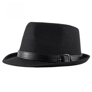Detail of a black wool fedora hat featuring a textured leather band and metal buckle