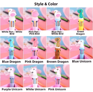 Detailed grid showing cute 11-style cartoon dinosaur and unicorn multi-color ballpoint pens