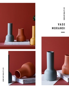 Vista detallada de jarrones Morandi de cerámica mate con cuello largo y diseño minimalista