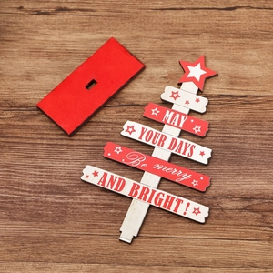 DIY wooden Christmas tree table decoration with red base and festive English holiday message