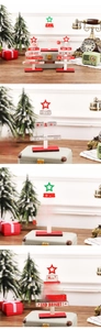 Detail of wooden DIY Christmas trees in vintage holiday setting with gift boxes