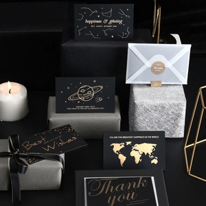 Elegant Gold Stamping Black Greeting Card With Envelope Round Seal Sticker For Birthday Wedding Business Gift Cardboard