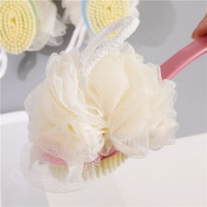Dual-sided bath brush with long pink handle featuring soft yellow bristles and white loofah