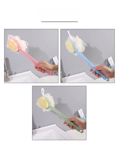 Long handle dual-sided bath brush with soft bristles and mesh loofah in pastel colors