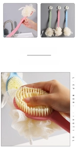 Detail of dual-sided long handle bath brush showing soft bristles and mesh sponge texture