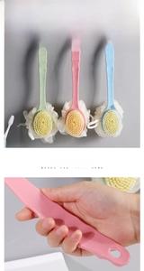 Dual-sided bath brush with soft bristles, foaming sponge, and long ergonomic handle