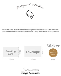 Detailed size guide for black gold greeting card with envelope and sealing sticker
