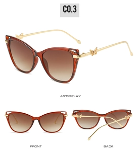 Detailed multi-angle views of brown cat eye sunglasses with gold butterfly hinges