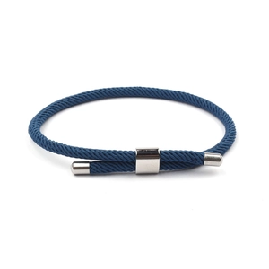 Adjustable blue braided Milanese rope bracelet with silver anchor style metal sliders