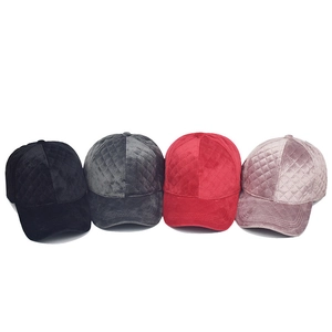 Quilted velvet baseball caps in black, grey, red and pink with diamond stitching