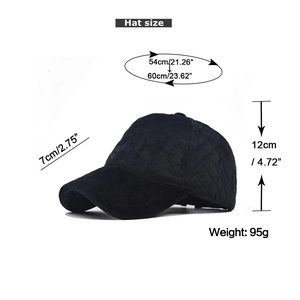 Size specifications for the black quilted corduroy baseball cap with dimensions