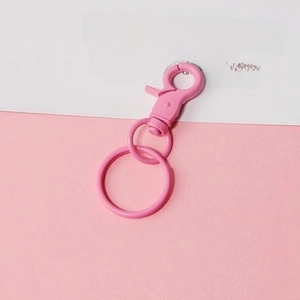 Macro detail of pink spray-painted metal lobster clasp with flat key ring and connector