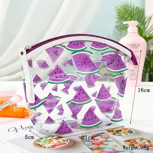 Waterproof clear PVC makeup bag with purple watermelon print and top zipper closure