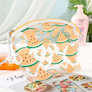 Detail of waterproof PVC makeup bag with cute watermelon print and secure metal zipper