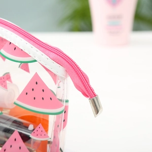 Transparent cartoon watermelon cosmetic bag with pink zipper and large capacity