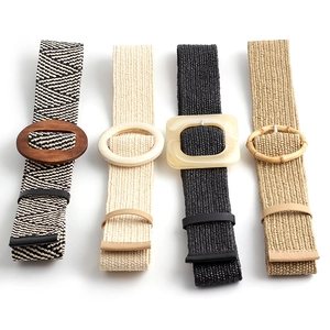 Women Woven Belt Straw Elastic Stretch Waistband With Round Buckle Bohemian Vintage Style Casual Dress Accessory