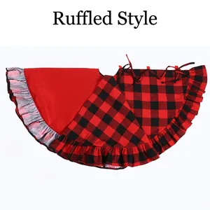 Red and black buffalo plaid Christmas tree skirt with ruffled edges and lace details