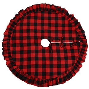 Red and black buffalo plaid Christmas tree skirt with ruffled edges and tie closures
