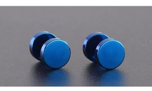 Macro shot of blue polished stainless steel barbell stud earrings with round discs