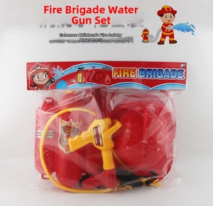 Detailed firefighter toy set with red helmet, water backpack, and yellow spray gun in packaging