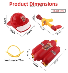 Detailed view of firefighter backpack water gun and helmet with dimensions for kids