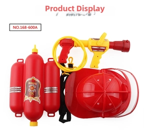 Kids firefighter toy set with red helmet, backpack water tank and pull-out squirt gun
