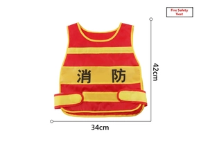 Detailed view of children's red firefighter role-play vest with 42x34cm size markings