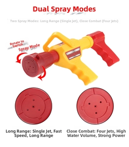Fireman backpack water gun with dual spray modes: single jet and four-jet swivel nozzle