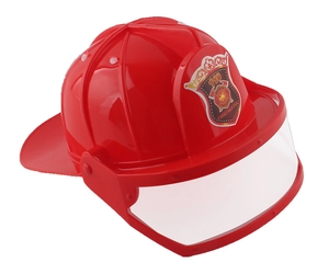 Detail shot of a red plastic firefighter toy helmet with a transparent face shield for kids