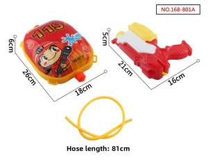 Detail of firefighter water backpack toy with 119 print and yellow connection hose