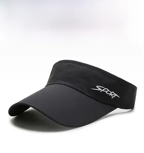 Detailed view of black sun visor hat featuring white SPORT embroidery and breathable fabric