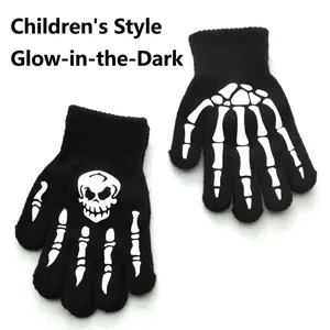 Luminous skeleton hand knit gloves for kids featuring white glow-in-the-dark skull design