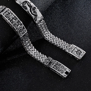 Men's stainless steel dragon chain bracelet with Buddhist mantra and gear details
