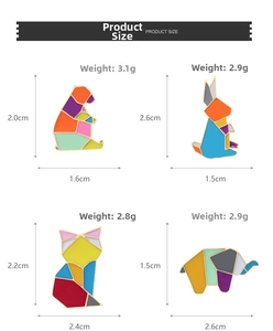 Tableau détaillé montrant les dimensions et poids des broches animaux origami