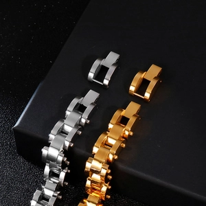 Polished two-tone stainless steel men's bracelet with rhombus texture in gold and silver