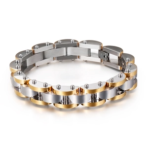 Men's two-tone stainless steel bracelet with textured diamond patterns on a white background