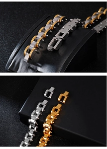 Detail of adjustable stainless steel link bracelets with folding clasp in three colors