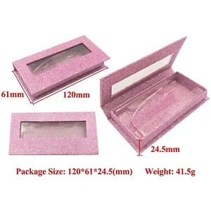 Scatola per ciglia rosa glitterata con finestra e vassoio, 120x61x24,5mm e peso 41,5g