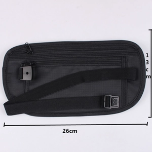 Detail view of black anti-theft waist bag with size dimensions 26cm by 13cm