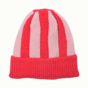 Knitted striped winter hat for kids in red and pink colors with ribbed edge design