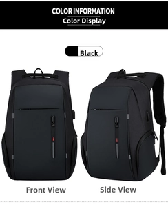 Dettaglio dello zaino business nero con porta di ricarica USB e vista laterale