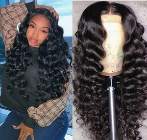 Detailed comparison of black wavy wig on model and mannequin head view