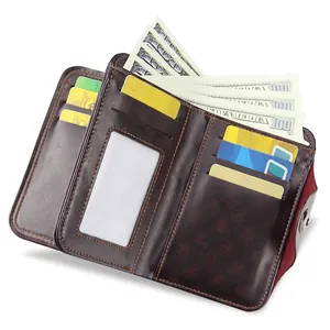 Deep brown men's trifold leather wallet with magnetic buckle and multi-card slot interior