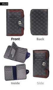 Detailed views of black tri-fold men's wallet with diamond texture and brown stitching