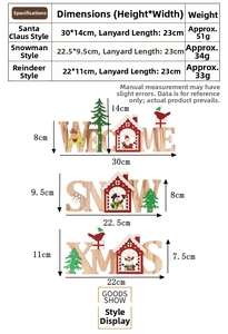 Size chart showing dimensions for wooden Christmas welcome signs with Santa and snowman