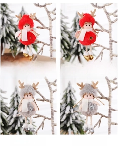 Detail view of plush Christmas elf ornaments with sequins, deer horns, and knitting textures