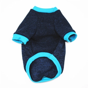 Detail of navy dog fleece sweater showing raglan blue trim and knit fabric texture